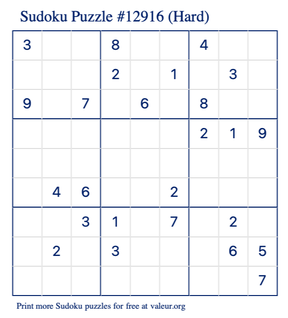 Free Printable Hard Sudoku Puzzle number 12916