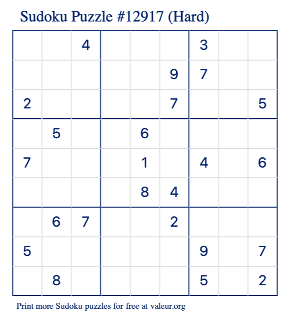 Free Printable Hard Sudoku Puzzle number 12917
