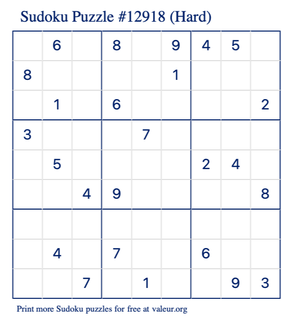 Free Printable Hard Sudoku Puzzle number 12918