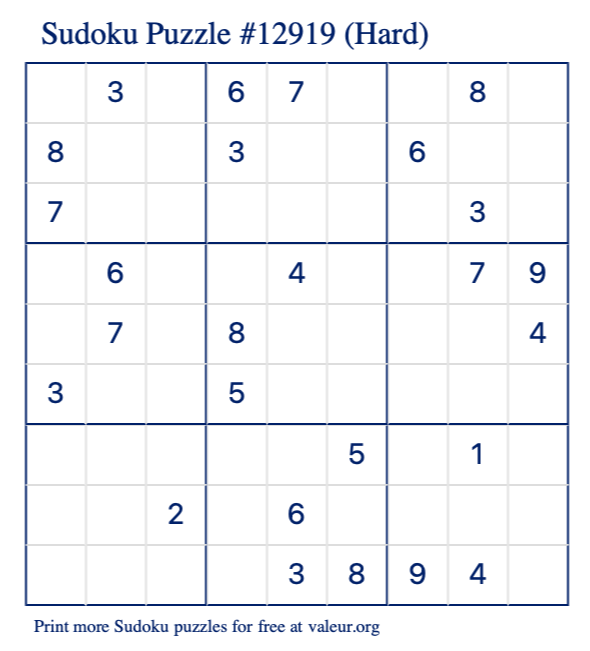 Free Printable Hard Sudoku Puzzle number 12919