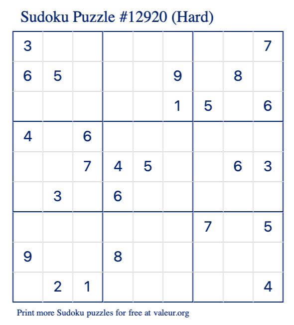 Free Printable Hard Sudoku Puzzle number 12920