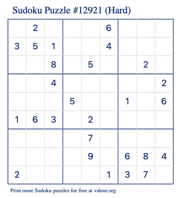 Free Printable Hard Sudoku Puzzle number 12921