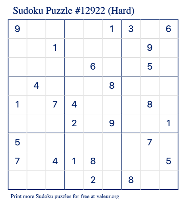 Free Printable Hard Sudoku Puzzle number 12922
