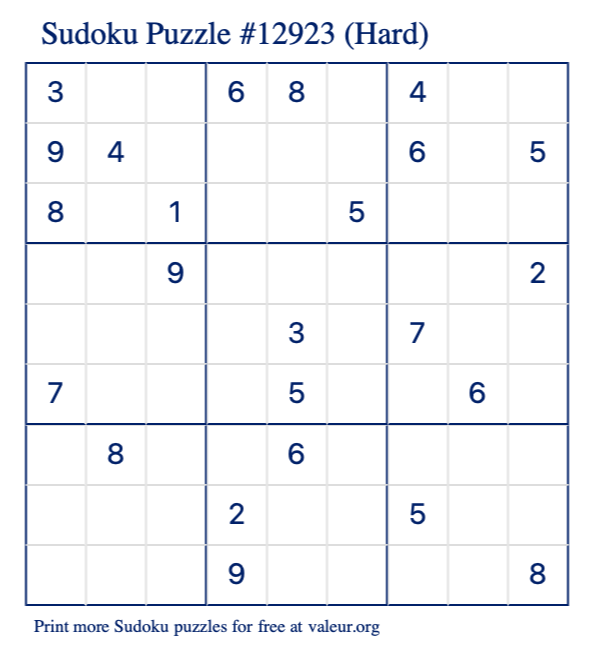 Free Printable Hard Sudoku Puzzle number 12923