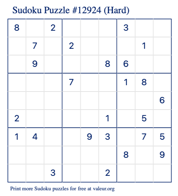 Free Printable Hard Sudoku Puzzle number 12924