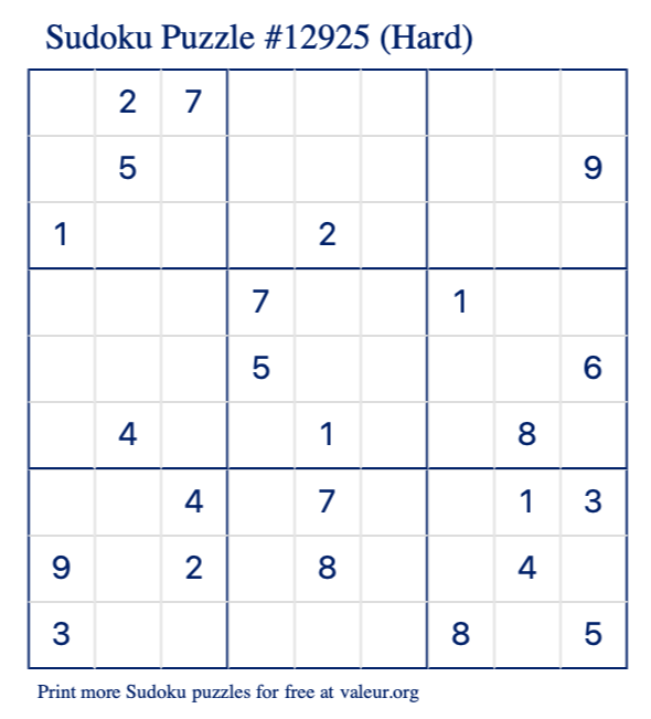 Free Printable Hard Sudoku Puzzle number 12925