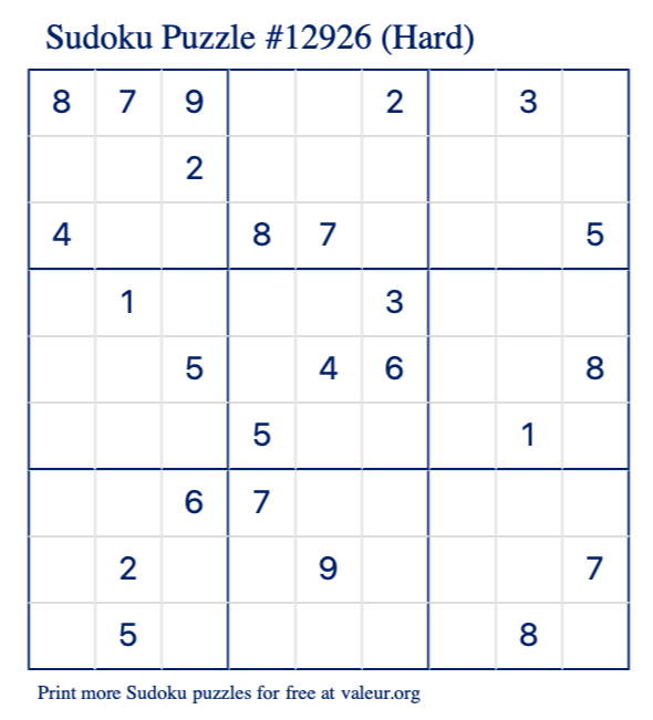 Free Printable Hard Sudoku Puzzle number 12926