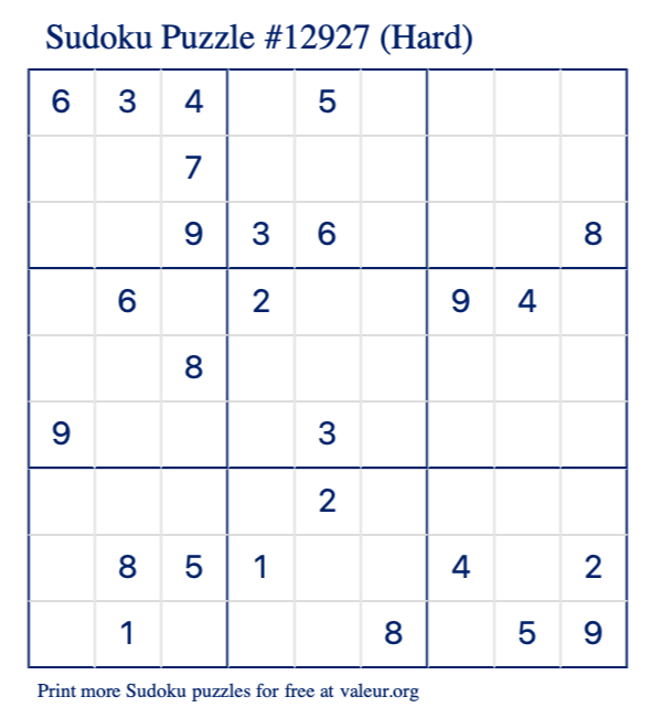 Free Printable Hard Sudoku Puzzle number 12927
