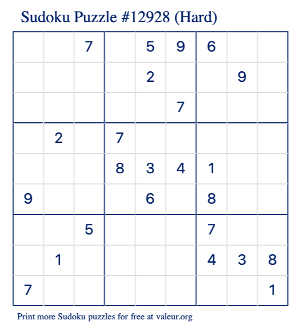 Free Printable Hard Sudoku Puzzle number 12928
