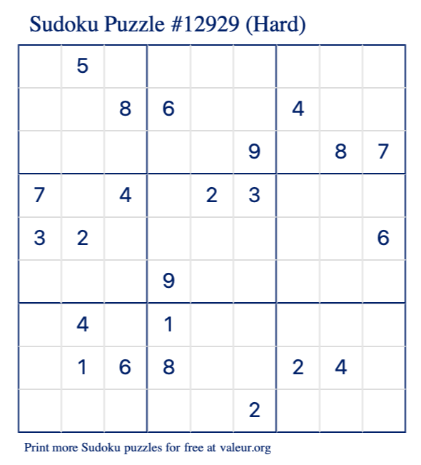Free Printable Hard Sudoku Puzzle number 12929