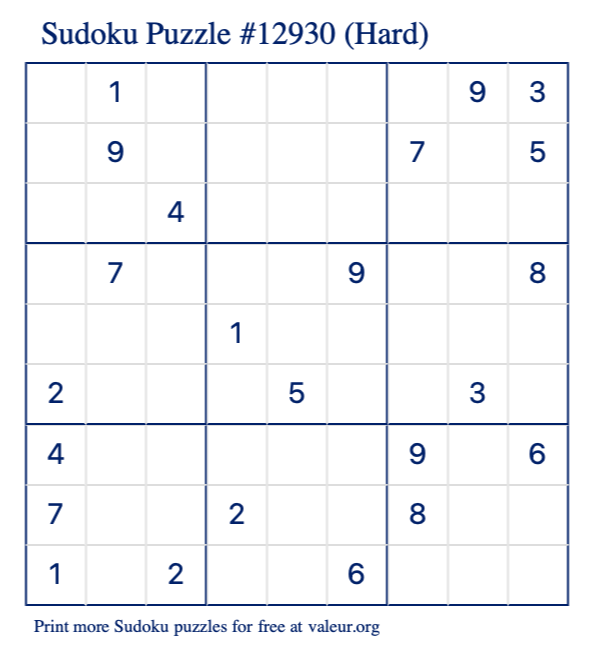 Free Printable Hard Sudoku Puzzle number 12930