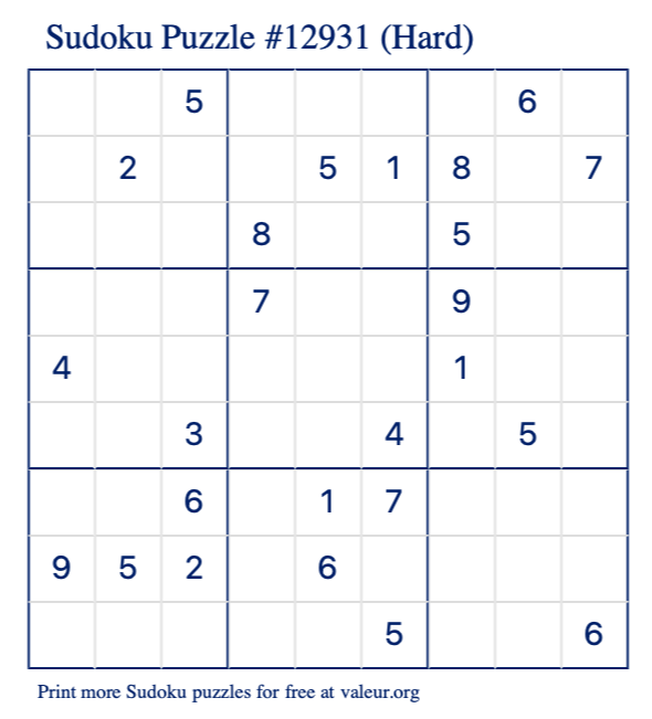 Free Printable Hard Sudoku Puzzle number 12931