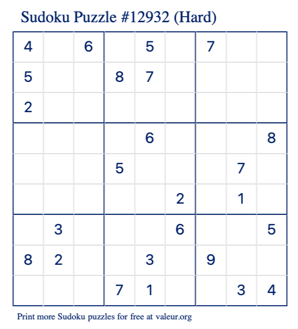 Free Printable Hard Sudoku Puzzle number 12932
