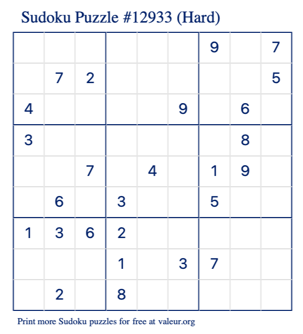 Free Printable Hard Sudoku Puzzle number 12933