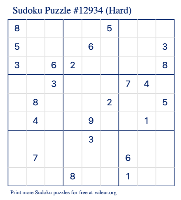 Free Printable Hard Sudoku Puzzle number 12934