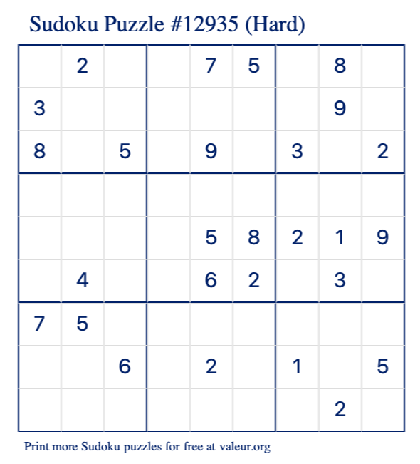 Free Printable Hard Sudoku Puzzle number 12935