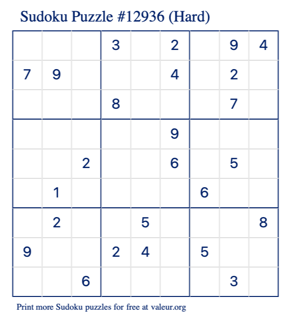 Free Printable Hard Sudoku Puzzle number 12936