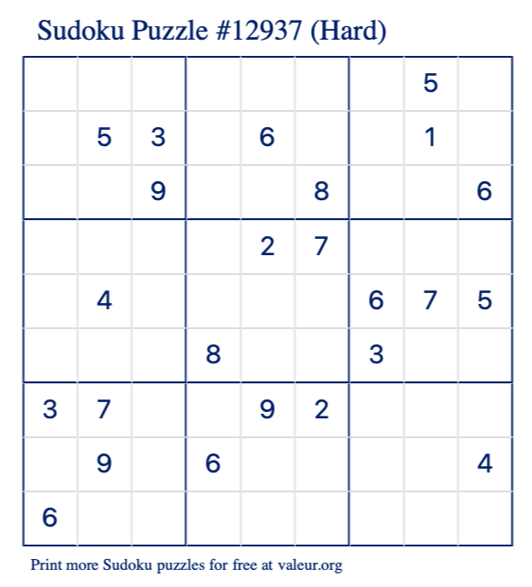 Free Printable Hard Sudoku Puzzle number 12937
