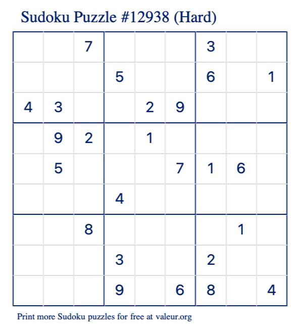 Free Printable Hard Sudoku Puzzle number 12938