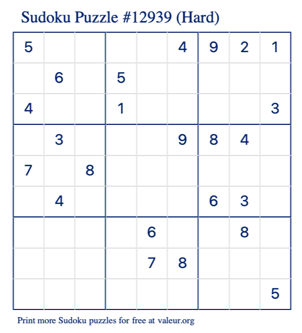 Free Printable Hard Sudoku Puzzle number 12939