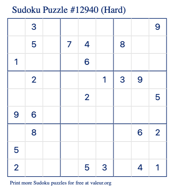 Free Printable Hard Sudoku Puzzle number 12940