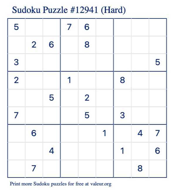 Free Printable Hard Sudoku Puzzle number 12941