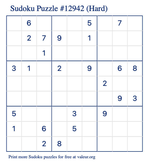 Free Printable Hard Sudoku Puzzle number 12942