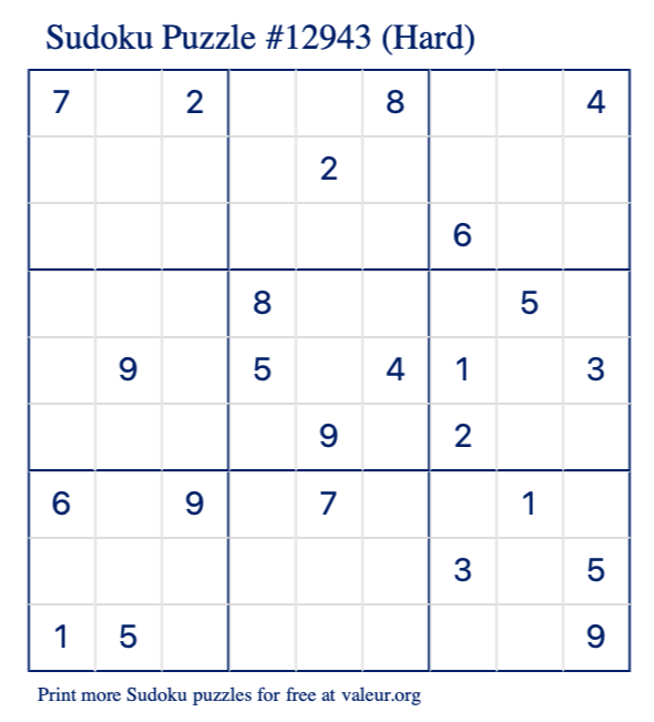 Free Printable Hard Sudoku Puzzle number 12943