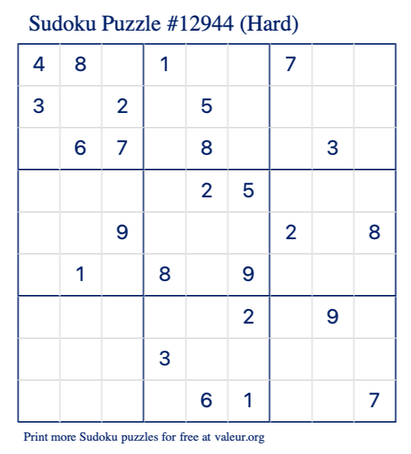 Free Printable Hard Sudoku Puzzle number 12944