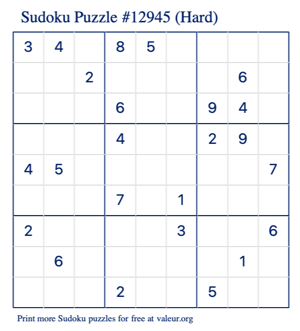 Free Printable Hard Sudoku Puzzle number 12945