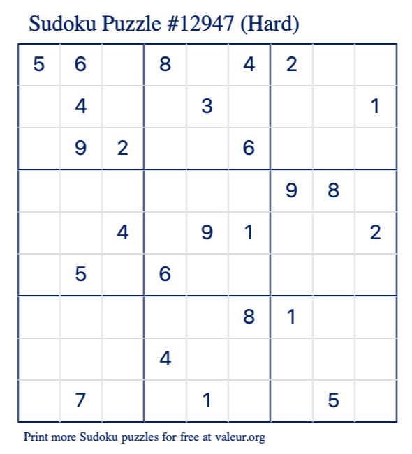 Free Printable Hard Sudoku Puzzle number 12947