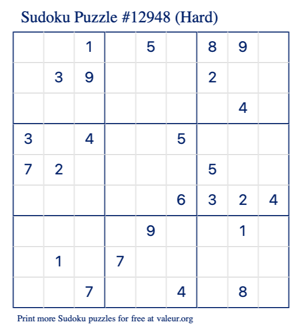 Free Printable Hard Sudoku Puzzle number 12948