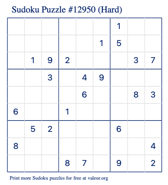 Free Printable Hard Sudoku Puzzle number 12950