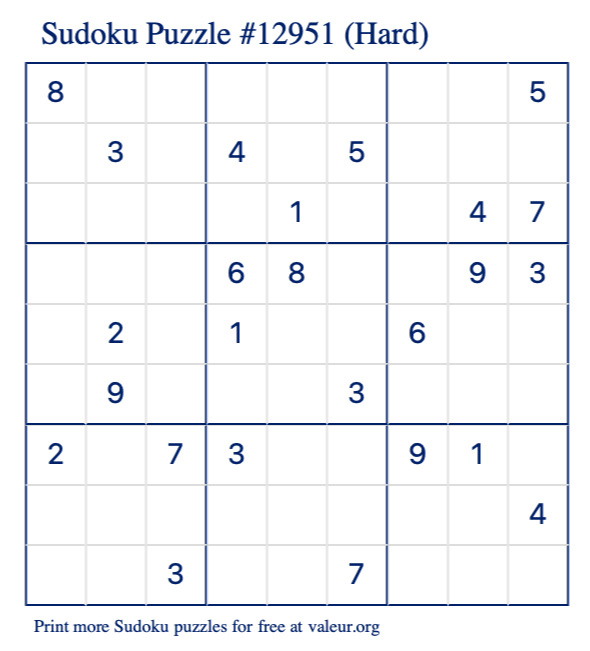 Free Printable Hard Sudoku Puzzle number 12951