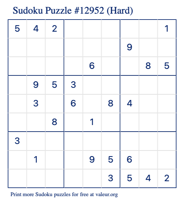 Free Printable Hard Sudoku Puzzle number 12952