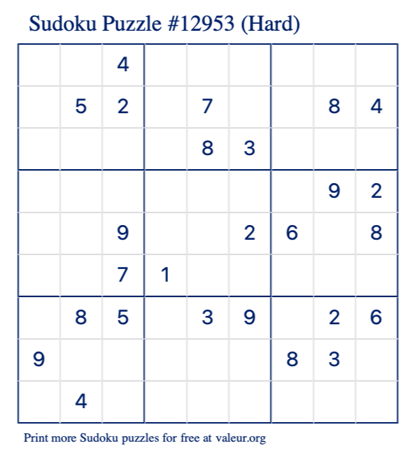 Free Printable Hard Sudoku Puzzle number 12953