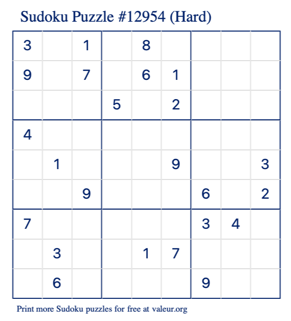 Free Printable Hard Sudoku Puzzle number 12954