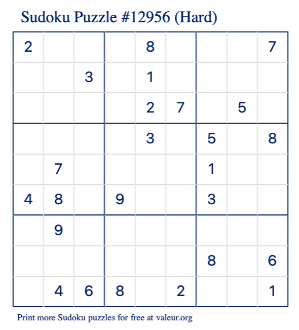 Free Printable Hard Sudoku Puzzle number 12956