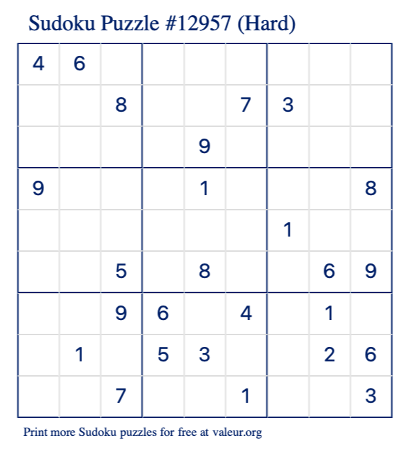 Free Printable Hard Sudoku Puzzle number 12957