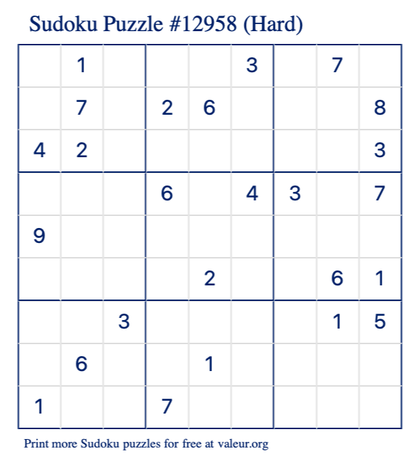 Free Printable Hard Sudoku Puzzle number 12958