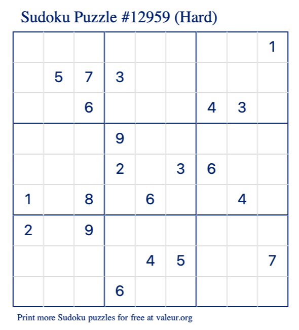 Free Printable Hard Sudoku Puzzle number 12959
