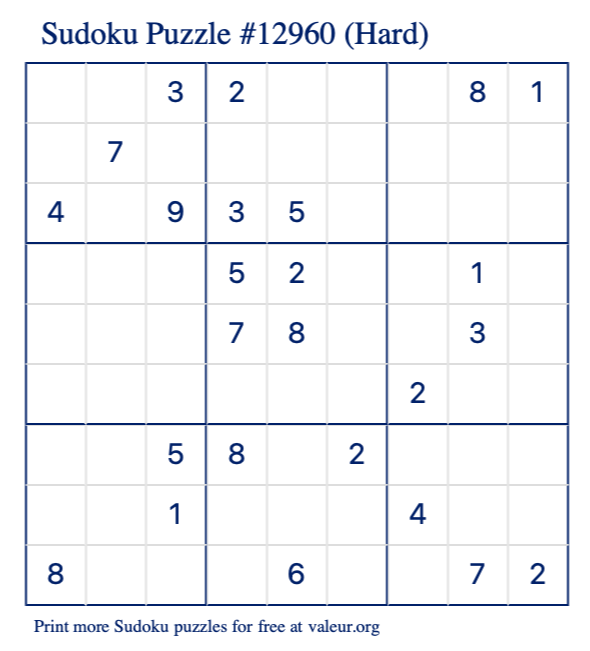 Free Printable Hard Sudoku Puzzle number 12960