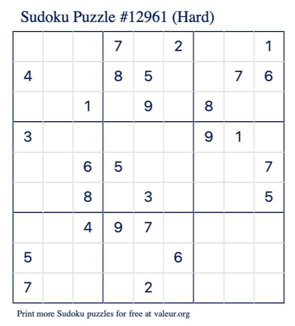 Free Printable Hard Sudoku Puzzle number 12961