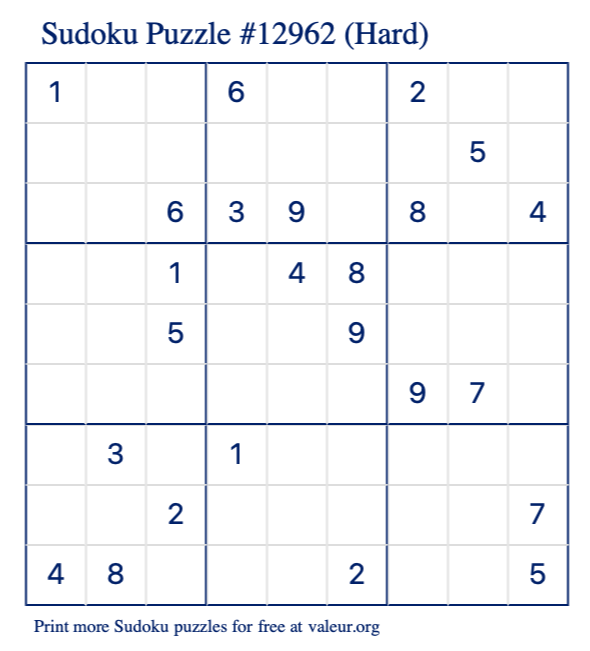 Free Printable Hard Sudoku Puzzle number 12962