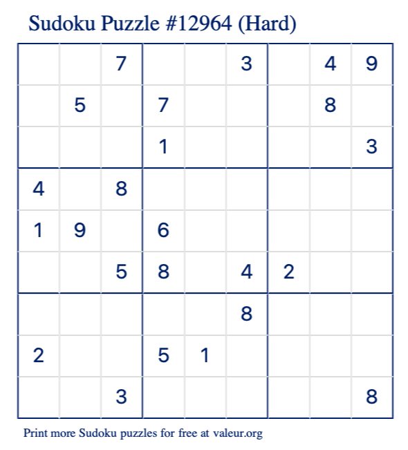 Free Printable Hard Sudoku Puzzle number 12964