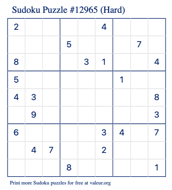 Free Printable Hard Sudoku Puzzle number 12965
