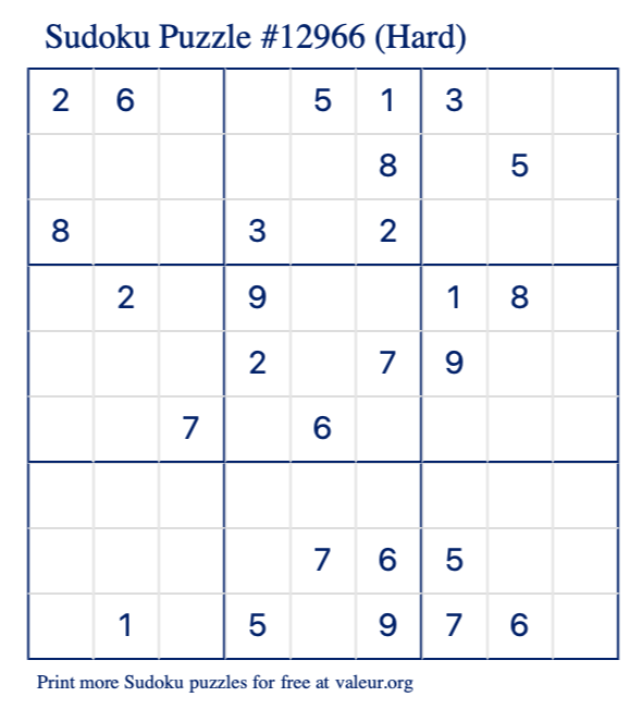 Free Printable Hard Sudoku Puzzle number 12966