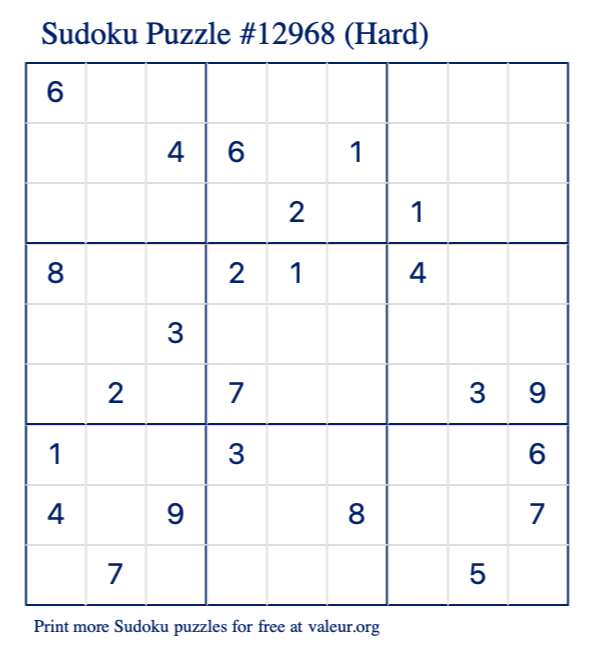 Free Printable Hard Sudoku Puzzle number 12968