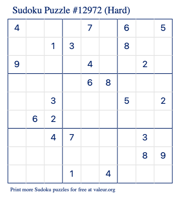 Free Printable Hard Sudoku Puzzle number 12972