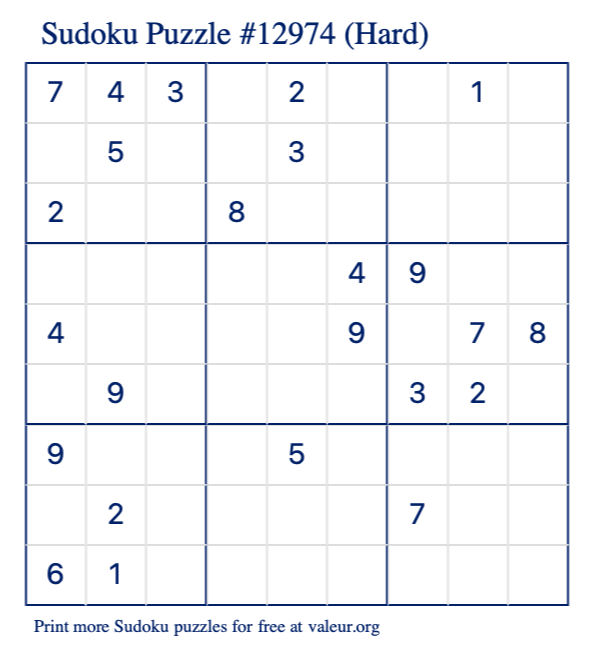Free Printable Hard Sudoku Puzzle number 12974